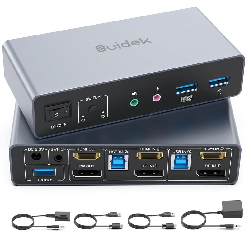 SUIDEK HDMI Displayport KVM Switch, 2 Computers 2 Monitors 4K@60Hz KVM Switcher Dual Monitor for 2 PC, 3 USB 3.0 Ports Support Extended/Mirror Mode with Desktop Controller&2 USB Cables&Power Adapter - Image 1